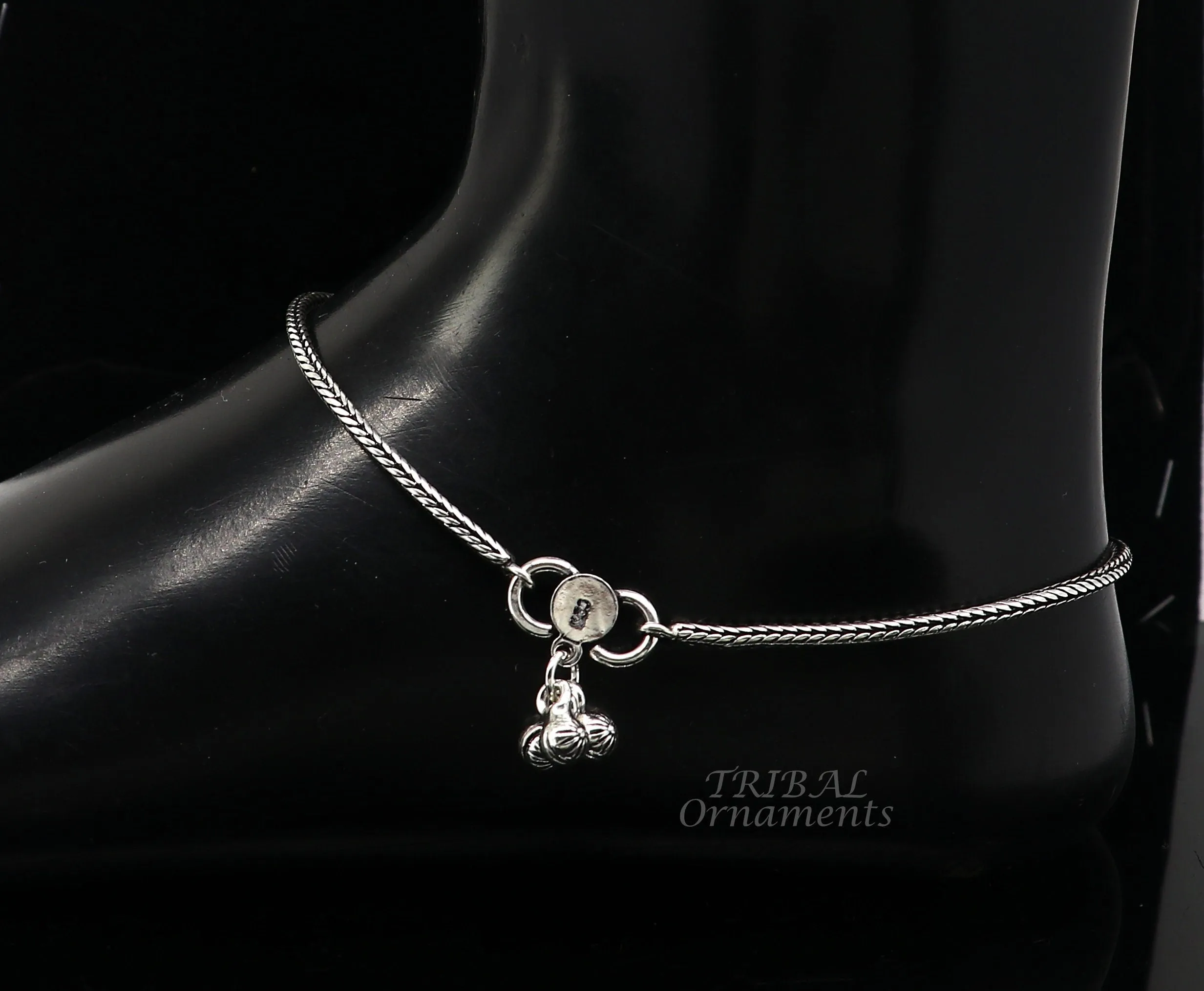 10.5" 2mm 925 Sterling silver handmade wheat chain ankle bracelet, vintage oxidized charm anklets tribal belly dance cultural jewelry ank529