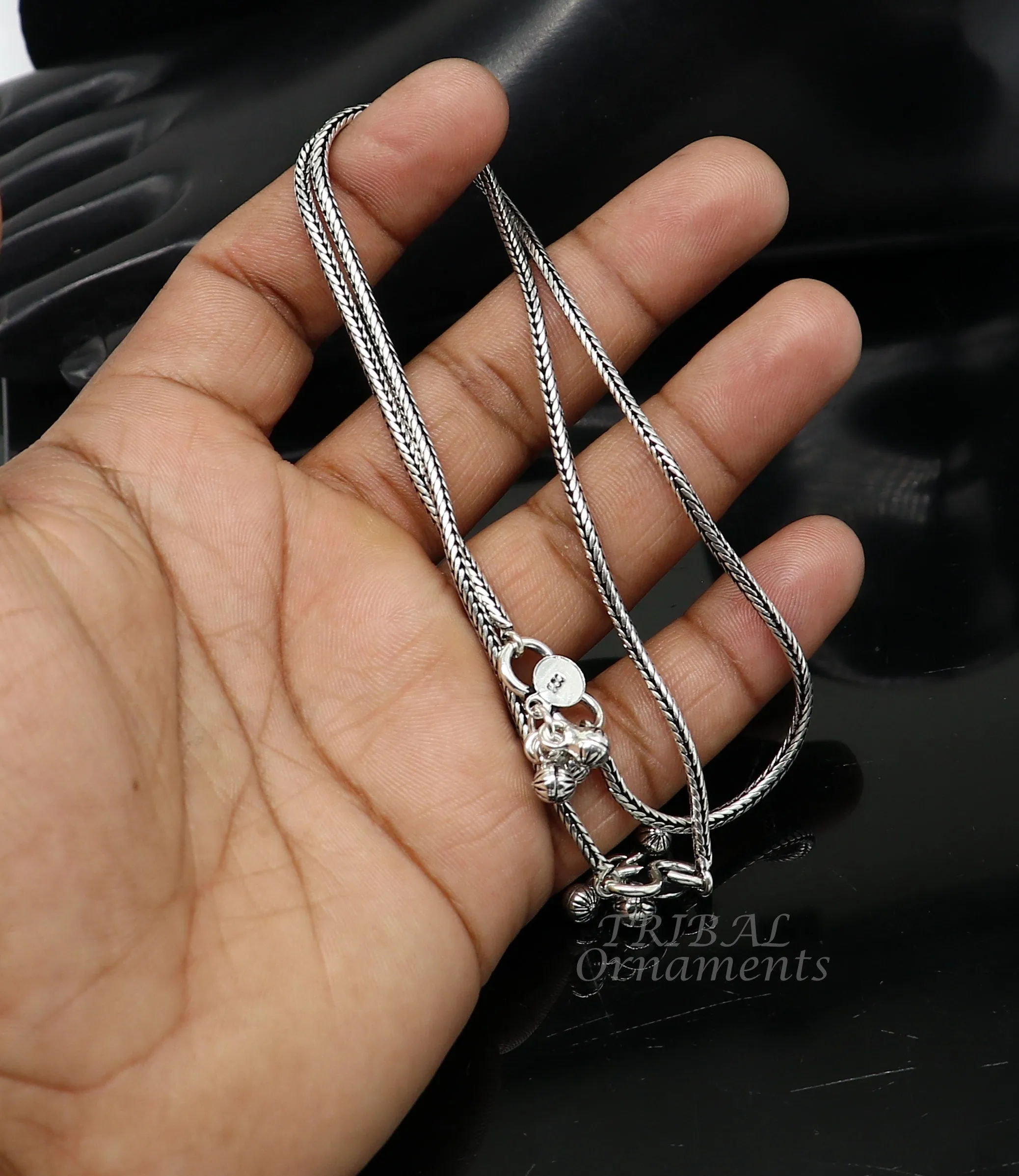 10.5" 2mm 925 Sterling silver handmade wheat chain ankle bracelet, vintage oxidized charm anklets tribal belly dance cultural jewelry ank529