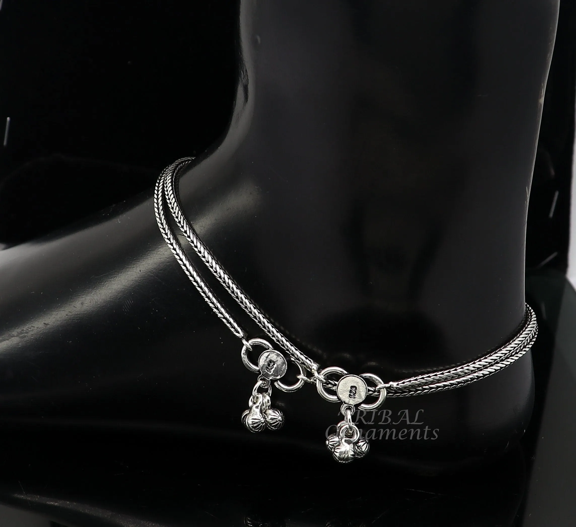 10.5" 2mm 925 Sterling silver handmade wheat chain ankle bracelet, vintage oxidized charm anklets tribal belly dance cultural jewelry ank529