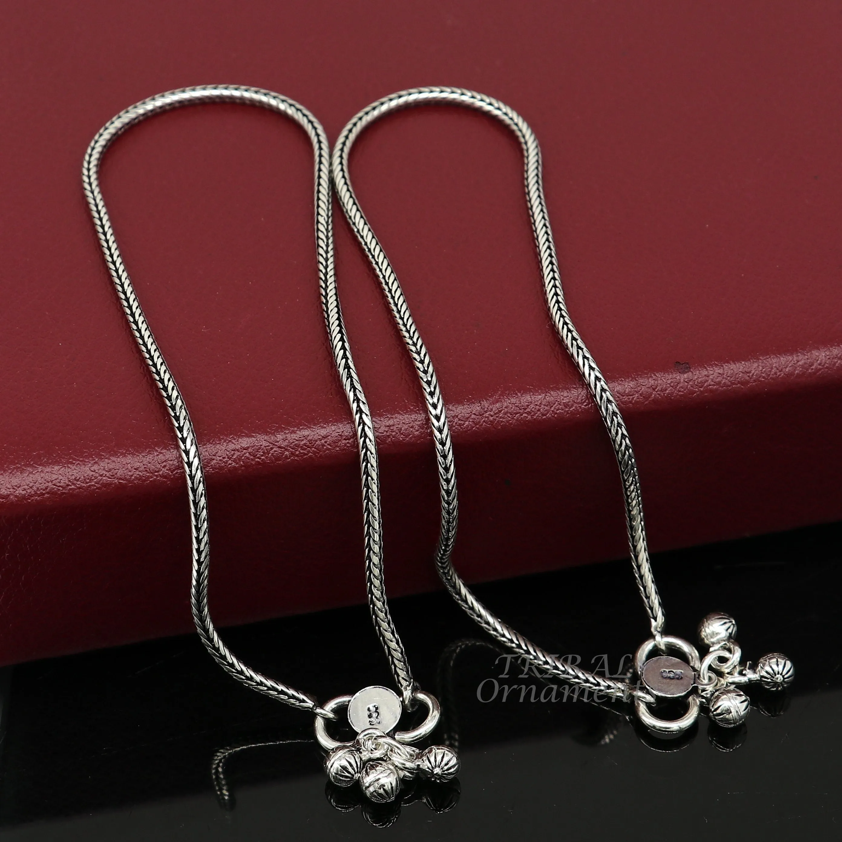 10.5" 2mm 925 Sterling silver handmade wheat chain ankle bracelet, vintage oxidized charm anklets tribal belly dance cultural jewelry ank529