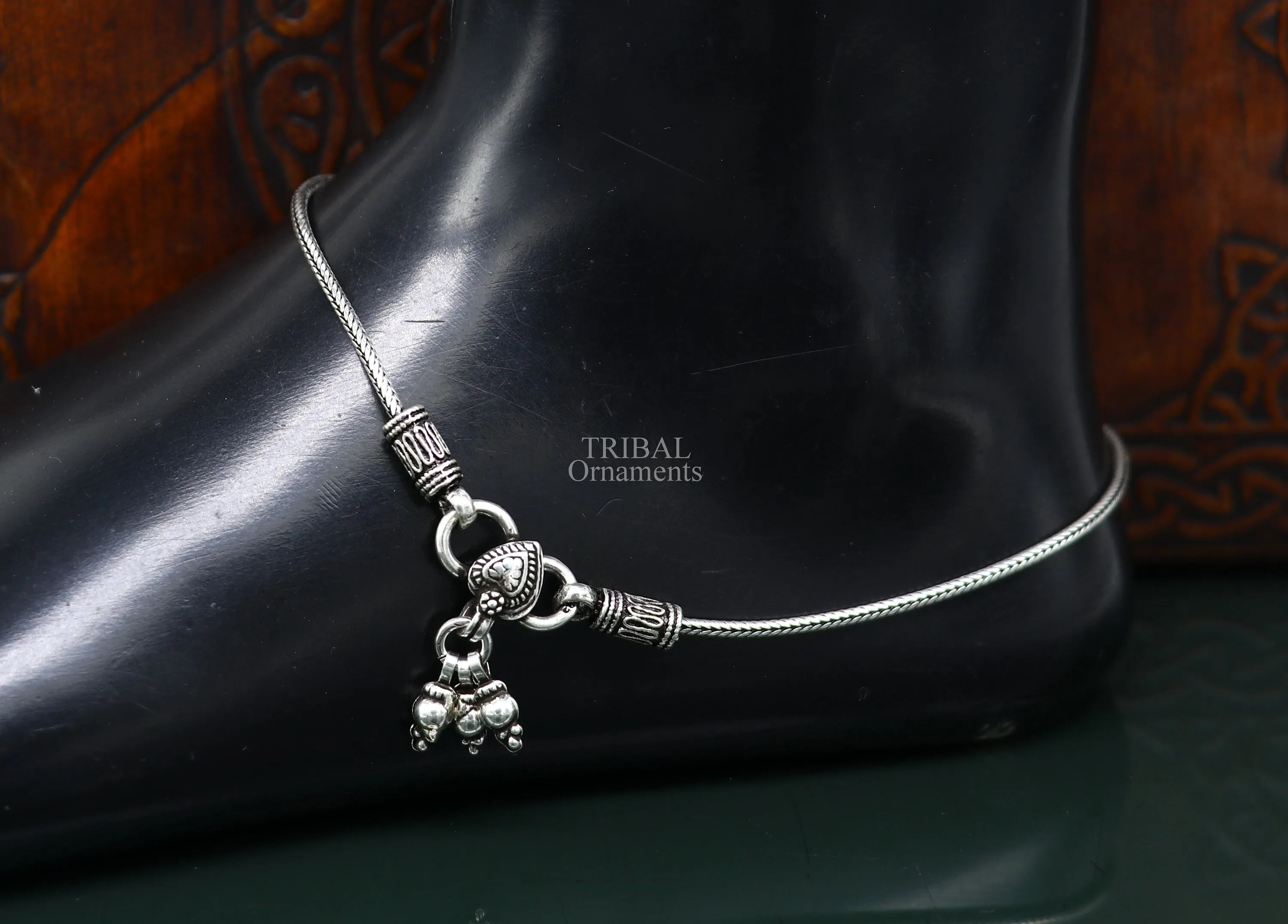 10.5" 925 Sterling silver handmade wheat chain ankle bracelet, vintage oxidized charm anklets, tribal belly dance customized jewelry nank468