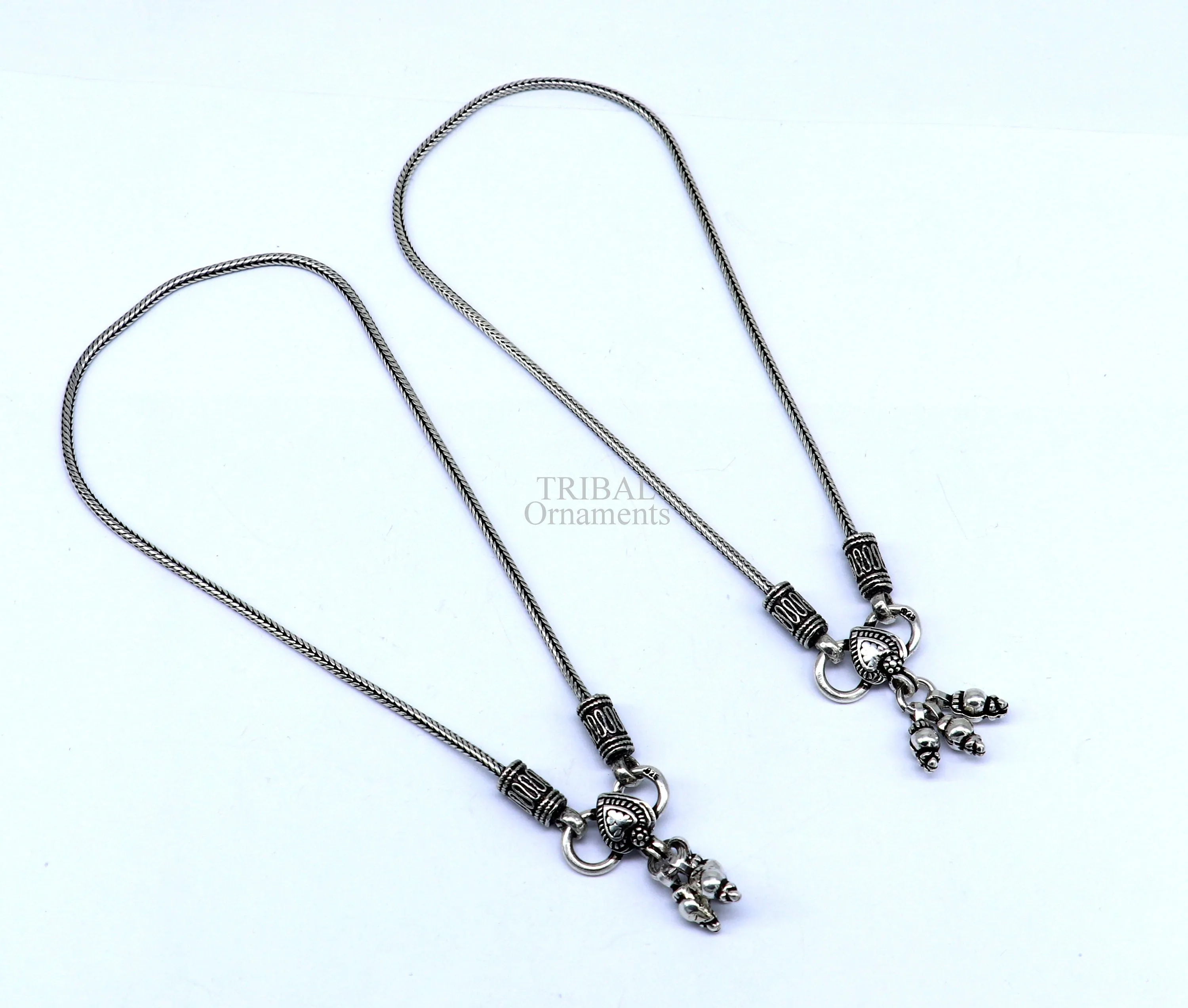 10.5" 925 Sterling silver handmade wheat chain ankle bracelet, vintage oxidized charm anklets, tribal belly dance customized jewelry nank468