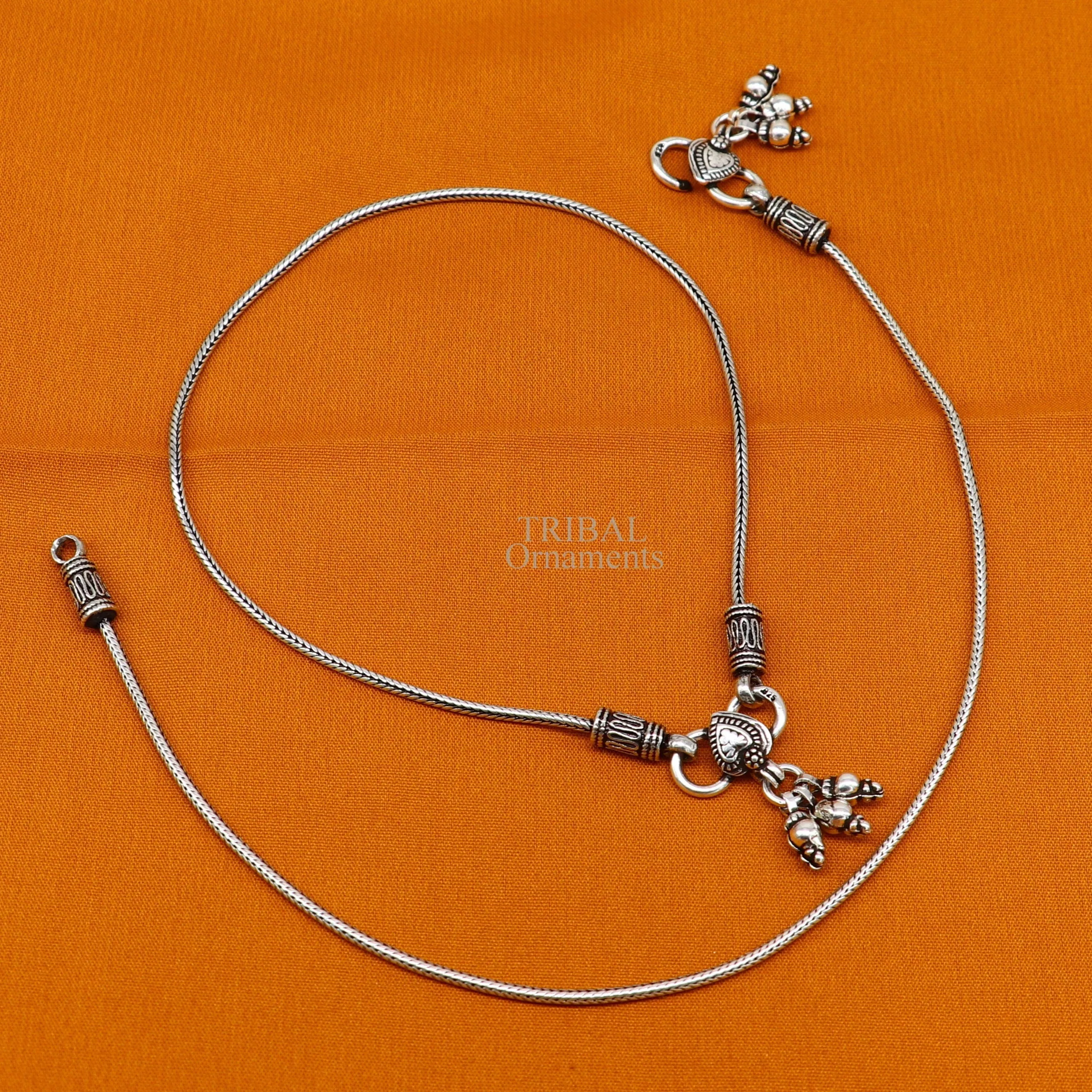 10.5" 925 Sterling silver handmade wheat chain ankle bracelet, vintage oxidized charm anklets, tribal belly dance customized jewelry nank468