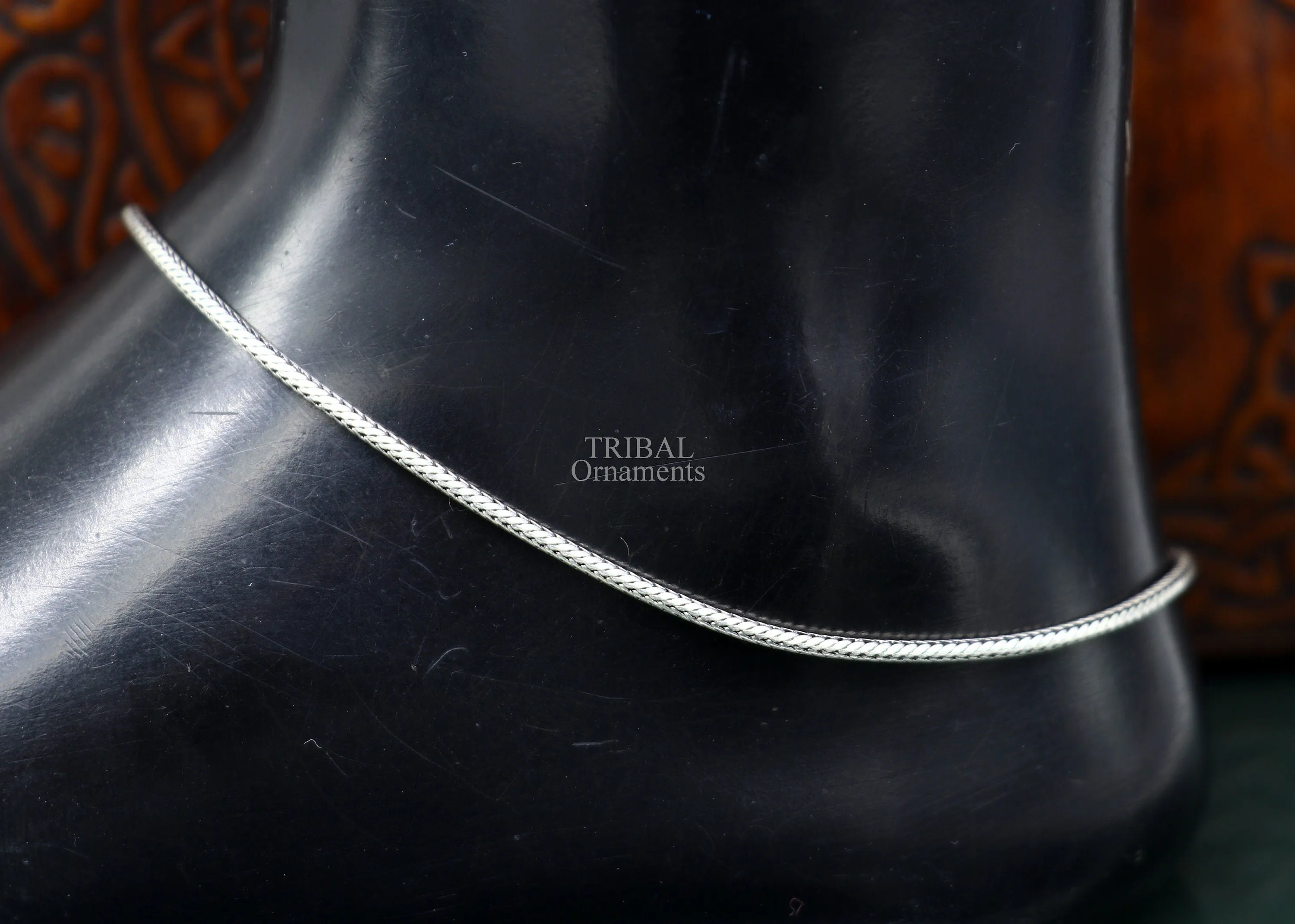 10.5" 925 Sterling silver handmade wheat chain ankle bracelet, vintage oxidized charm anklets, tribal belly dance customized jewelry nank468