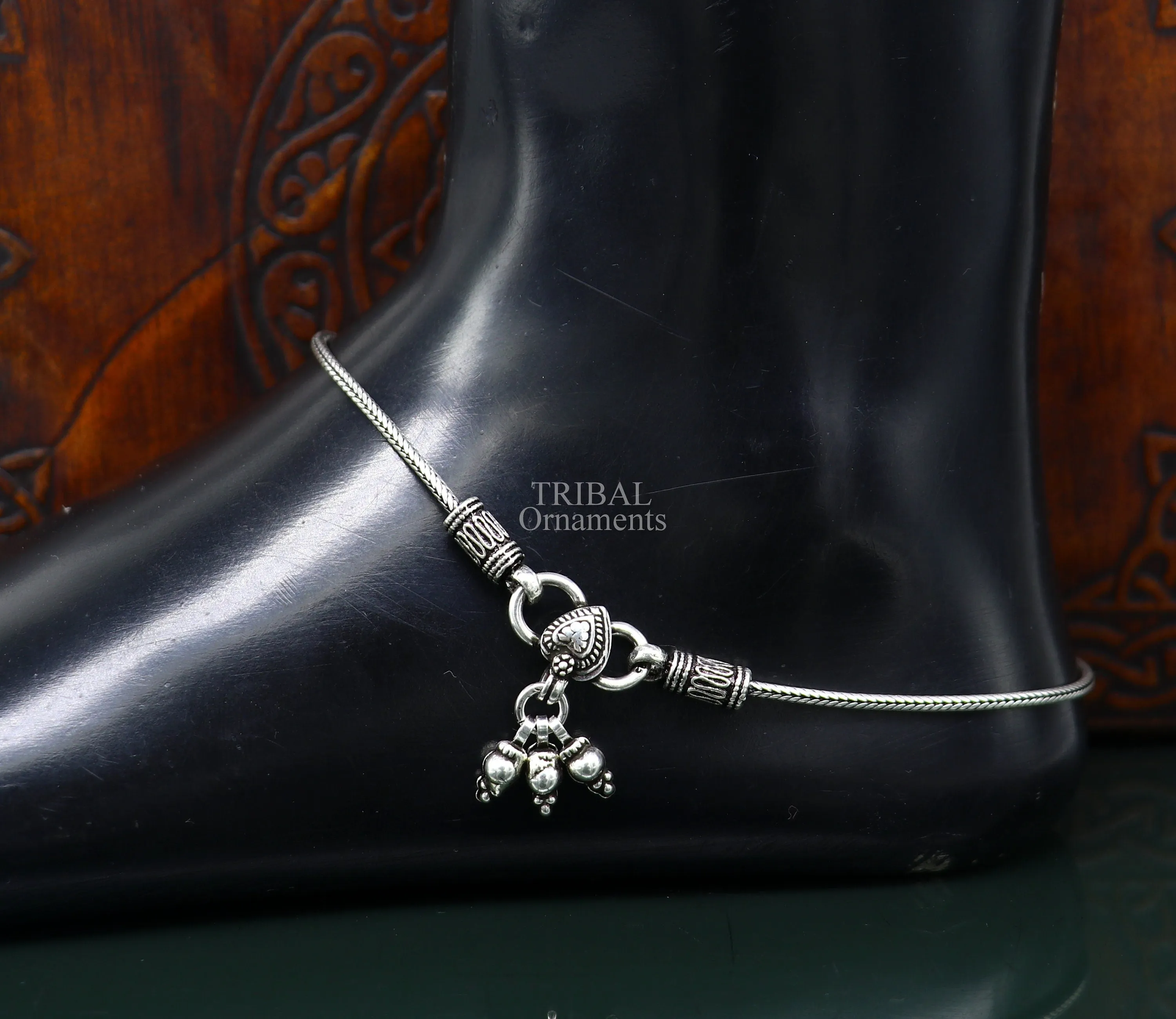 10.5" 925 Sterling silver handmade wheat chain ankle bracelet, vintage oxidized charm anklets, tribal belly dance customized jewelry nank468