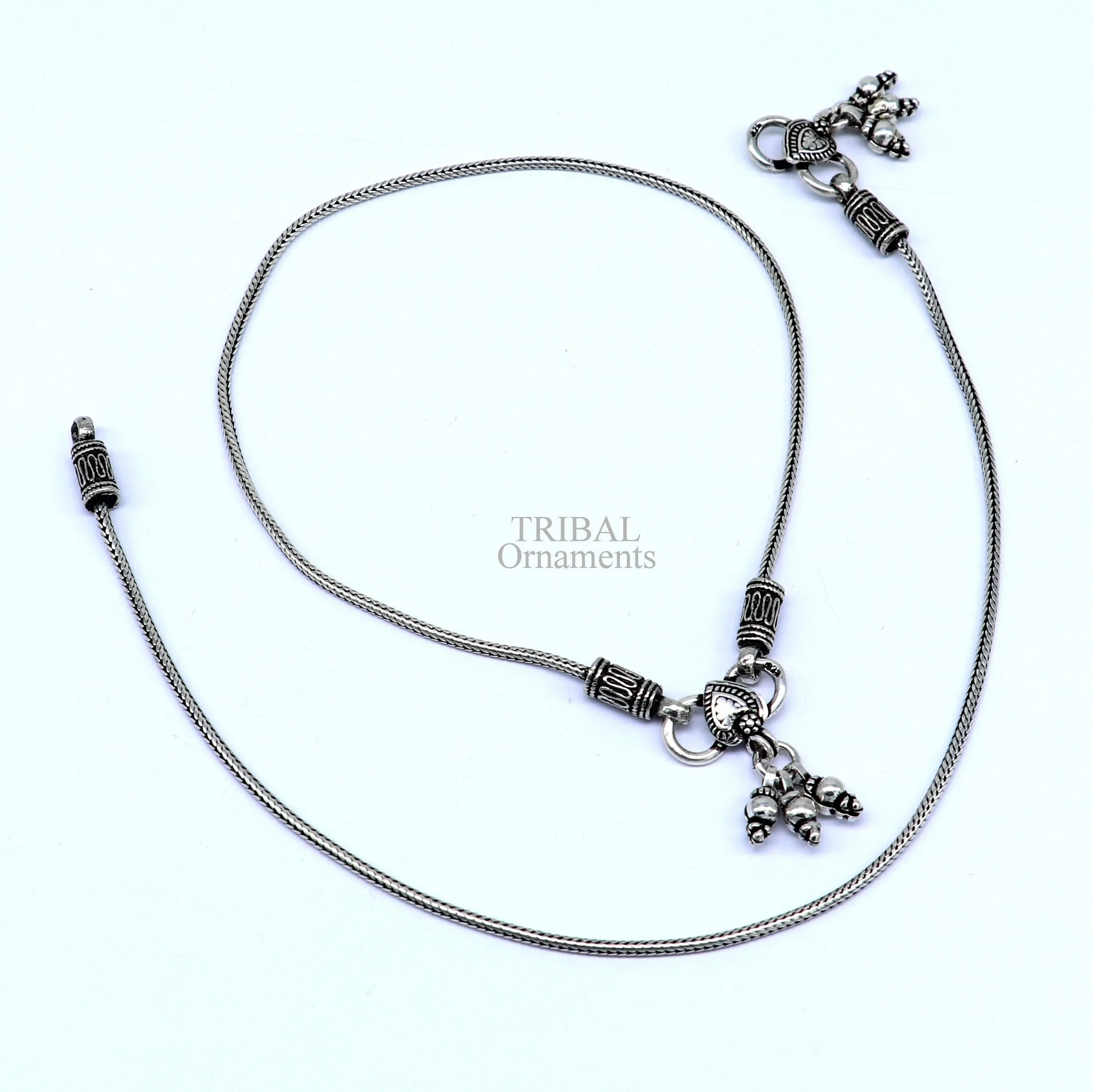 10.5" 925 Sterling silver handmade wheat chain ankle bracelet, vintage oxidized charm anklets, tribal belly dance customized jewelry nank468