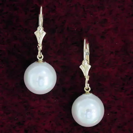 10mm South Sea Shell Pearl Leverback Earrings 14K Gold