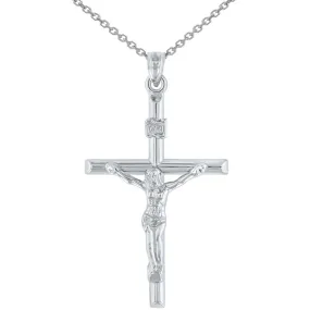 14K White Gold INRI Crucifix Tubular Simple Polished Cross Pendant Necklace