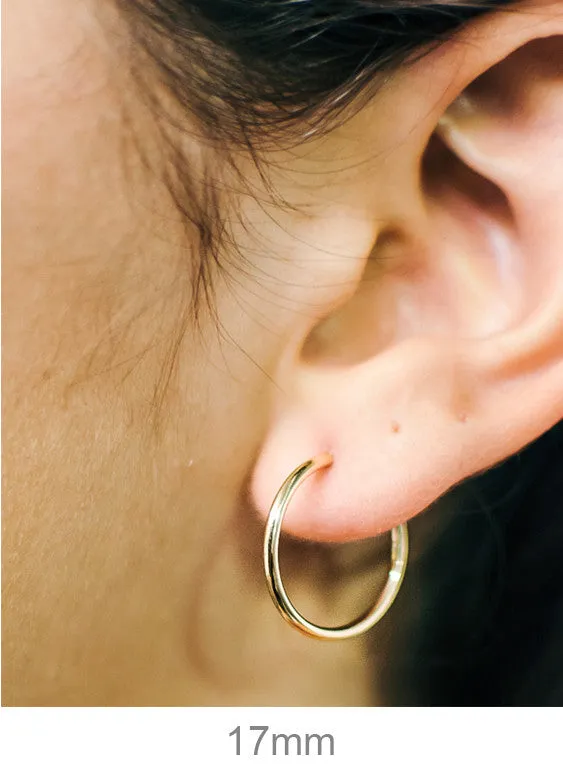 14k Yellow Gold Continuous Endless Hoop Earrings (1.5mm), All Sizes