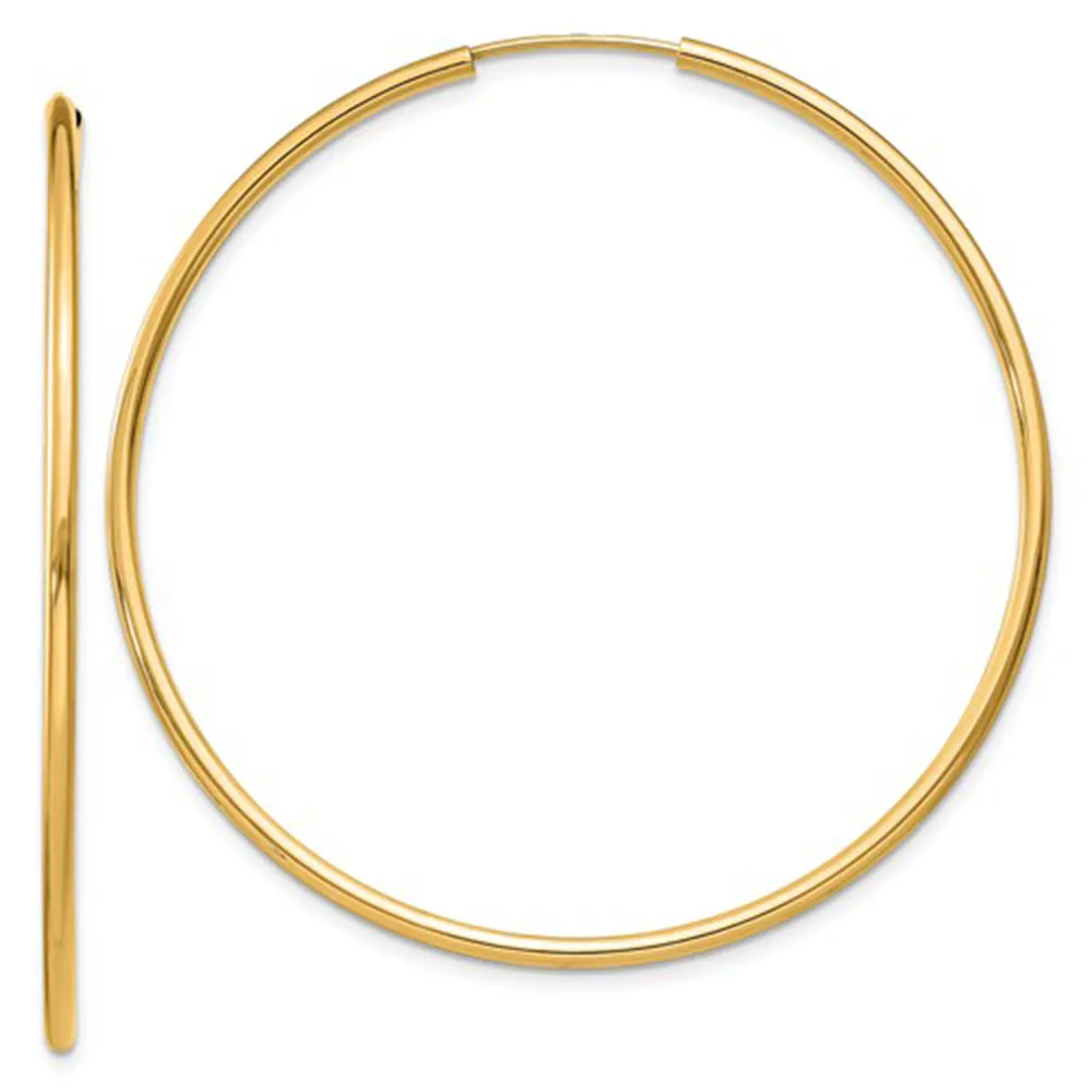 14k Yellow Gold Continuous Endless Hoop Earrings (1.5mm), All Sizes