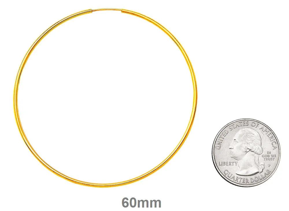 14k Yellow Gold Continuous Endless Hoop Earrings (1.5mm), All Sizes