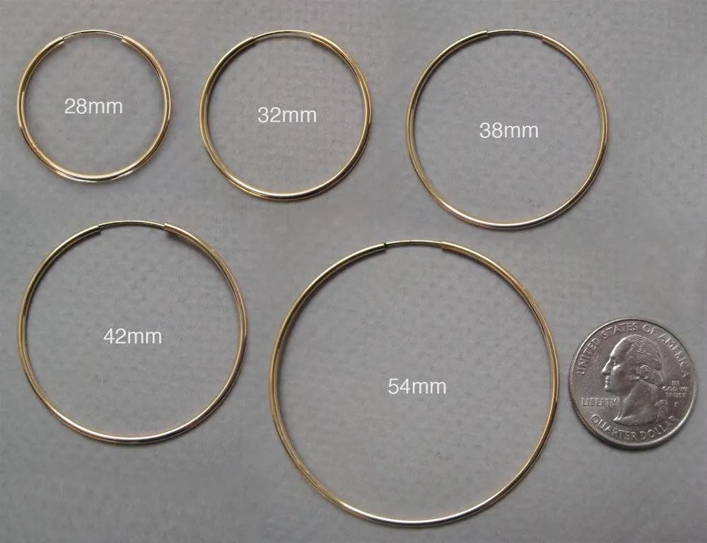 14k Yellow Gold Continuous Endless Hoop Earrings (1.5mm), All Sizes