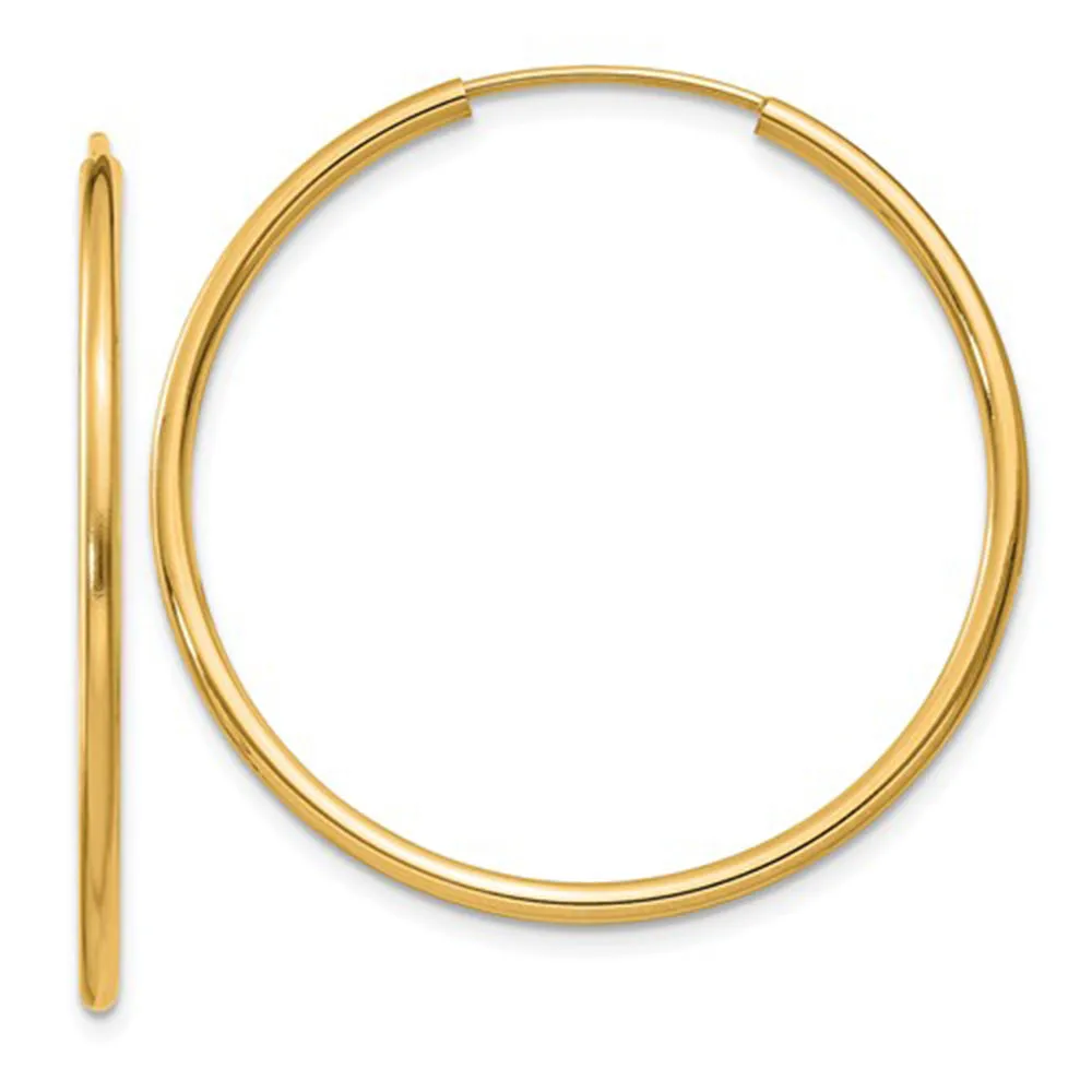 14k Yellow Gold Continuous Endless Hoop Earrings (1.5mm), All Sizes