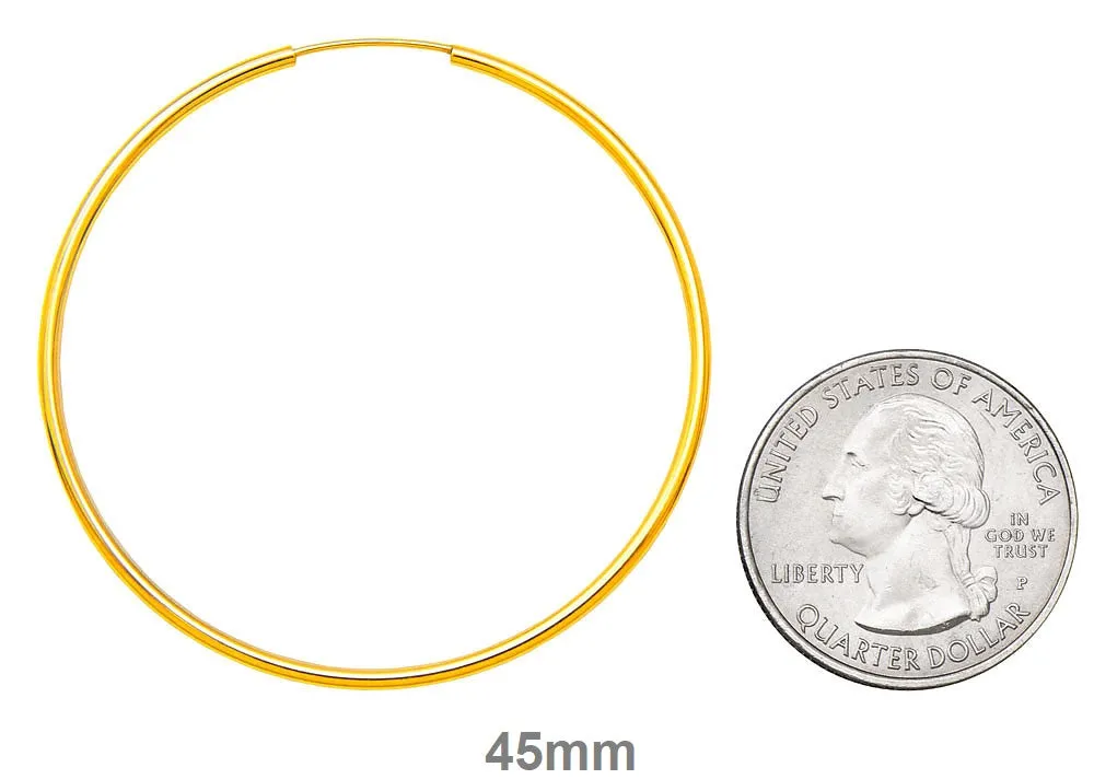 14k Yellow Gold Continuous Endless Hoop Earrings (1.5mm), All Sizes