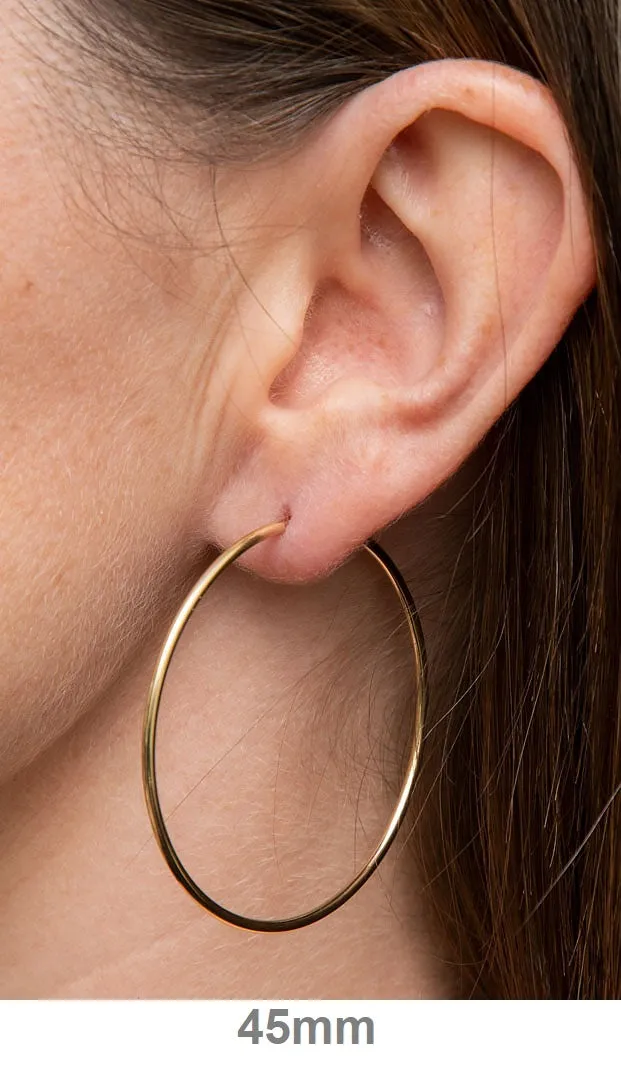 14k Yellow Gold Continuous Endless Hoop Earrings (1.5mm), All Sizes