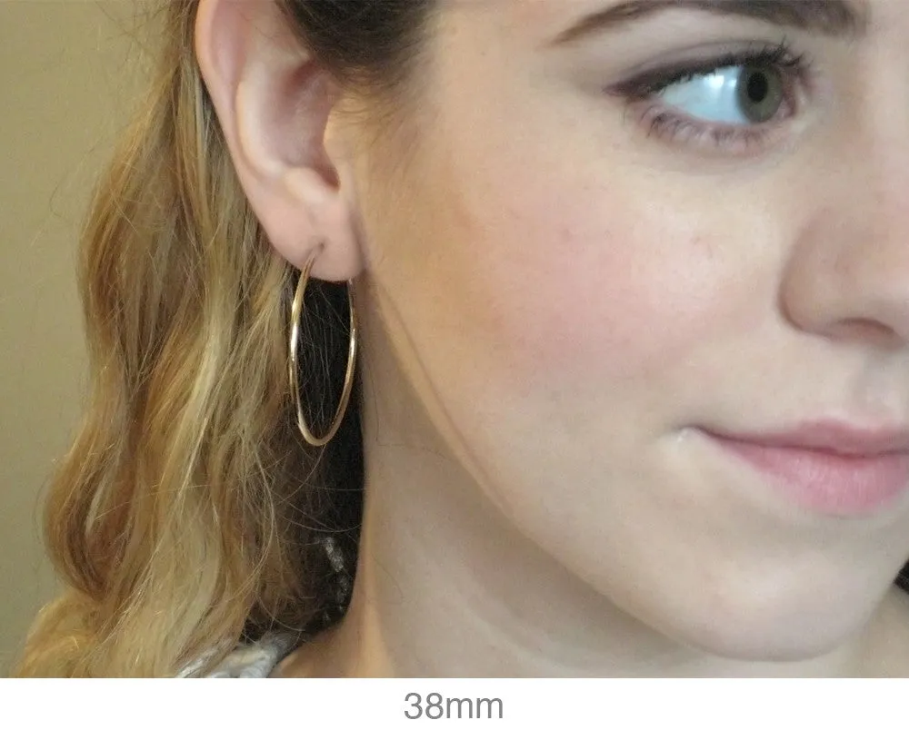 14k Yellow Gold Continuous Endless Hoop Earrings (1.5mm), All Sizes