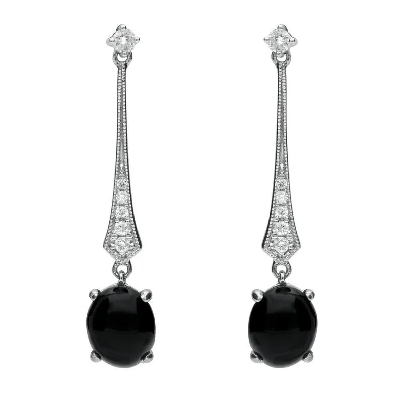 18ct White Gold Whitby Jet 0.16ct Diamond Long Drop Earrings D