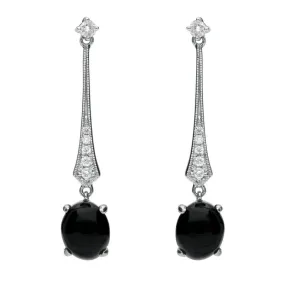 18ct White Gold Whitby Jet 0.16ct Diamond Long Drop Earrings D