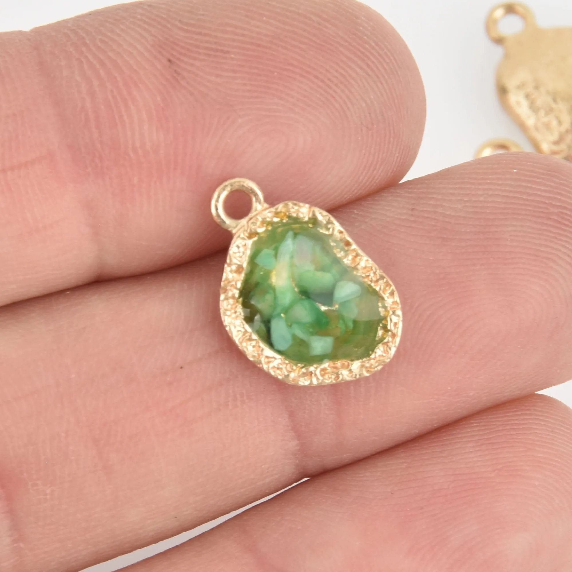 5 Gold Green Nugget Charms, Terrazzo Shell Resin, 16mm chs6086