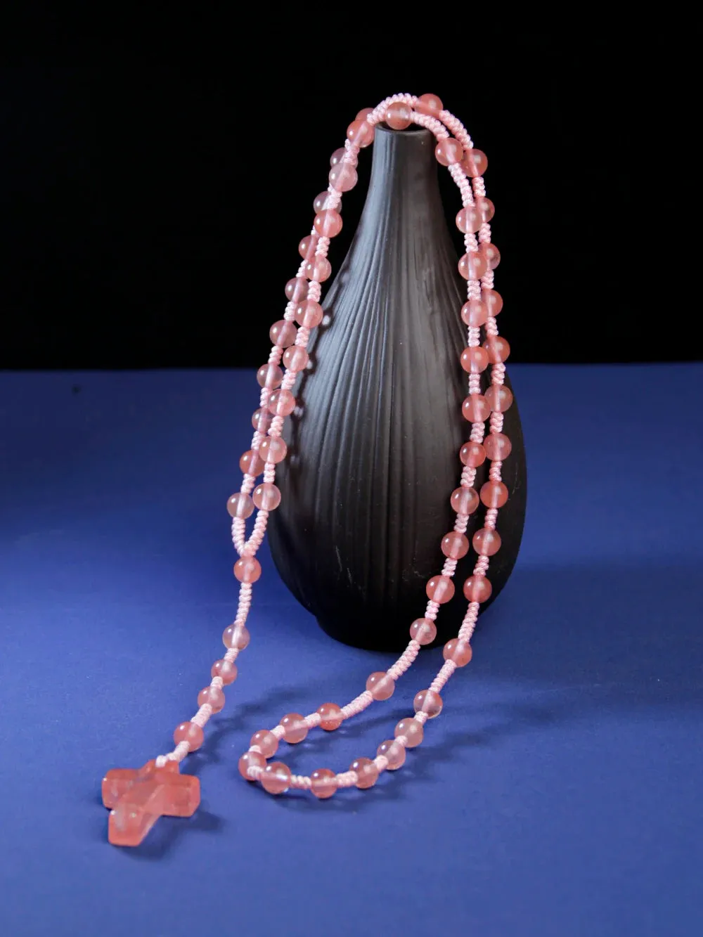 6mm Pink Crystal Necklace with Cross Pendant,handmade knot necklace