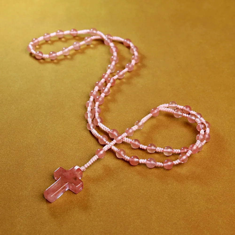 6mm Pink Crystal Necklace with Cross Pendant,handmade knot necklace