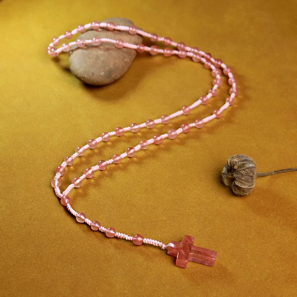 6mm Pink Crystal Necklace with Cross Pendant,handmade knot necklace