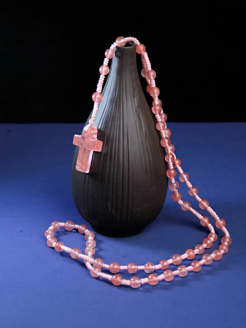 6mm Pink Crystal Necklace with Cross Pendant,handmade knot necklace