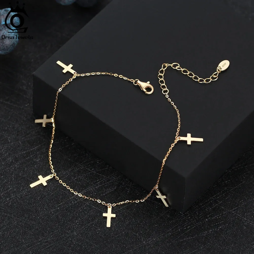 925 Silver Cable Chain with Cross Anklets for Women