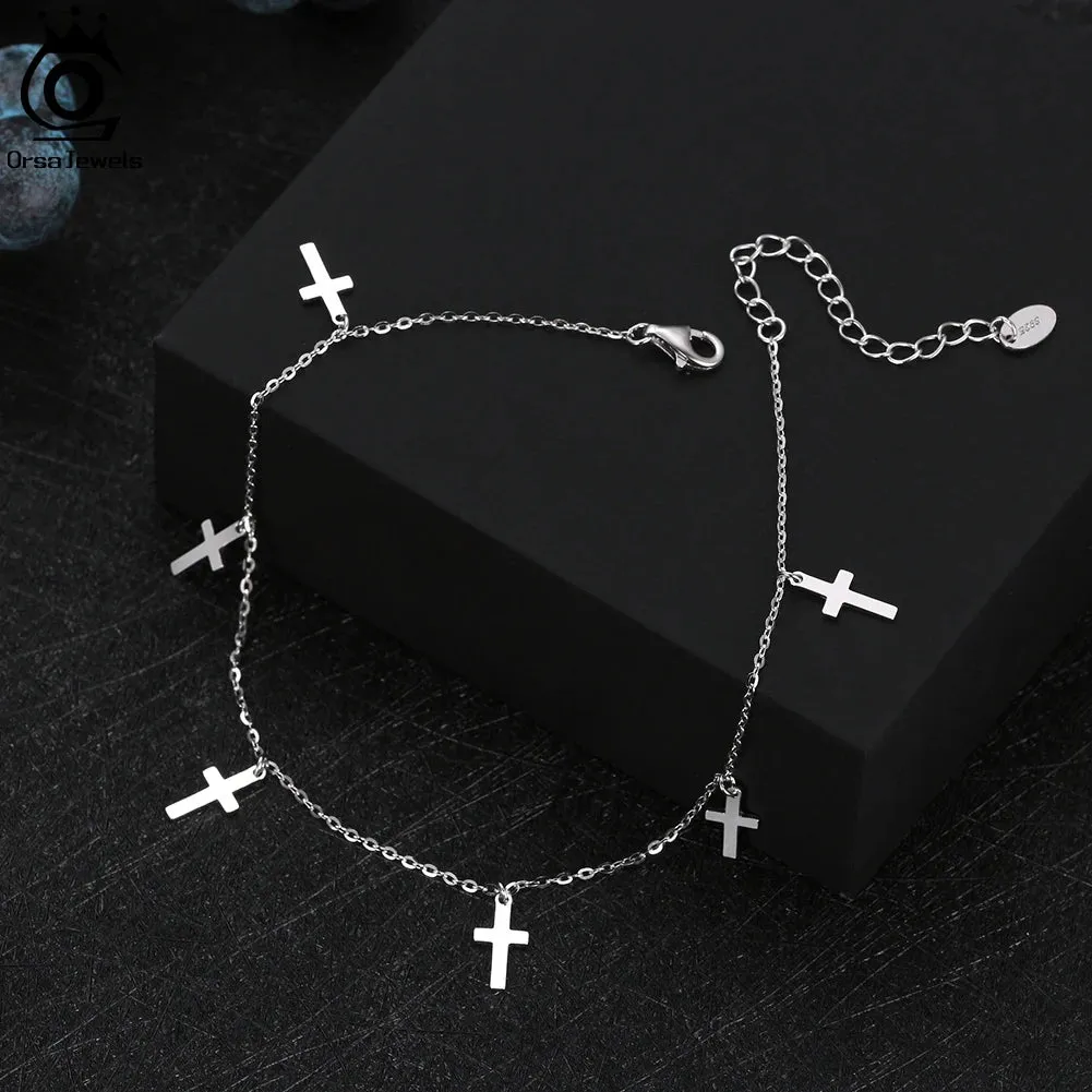 925 Silver Cable Chain with Cross Anklets for Women