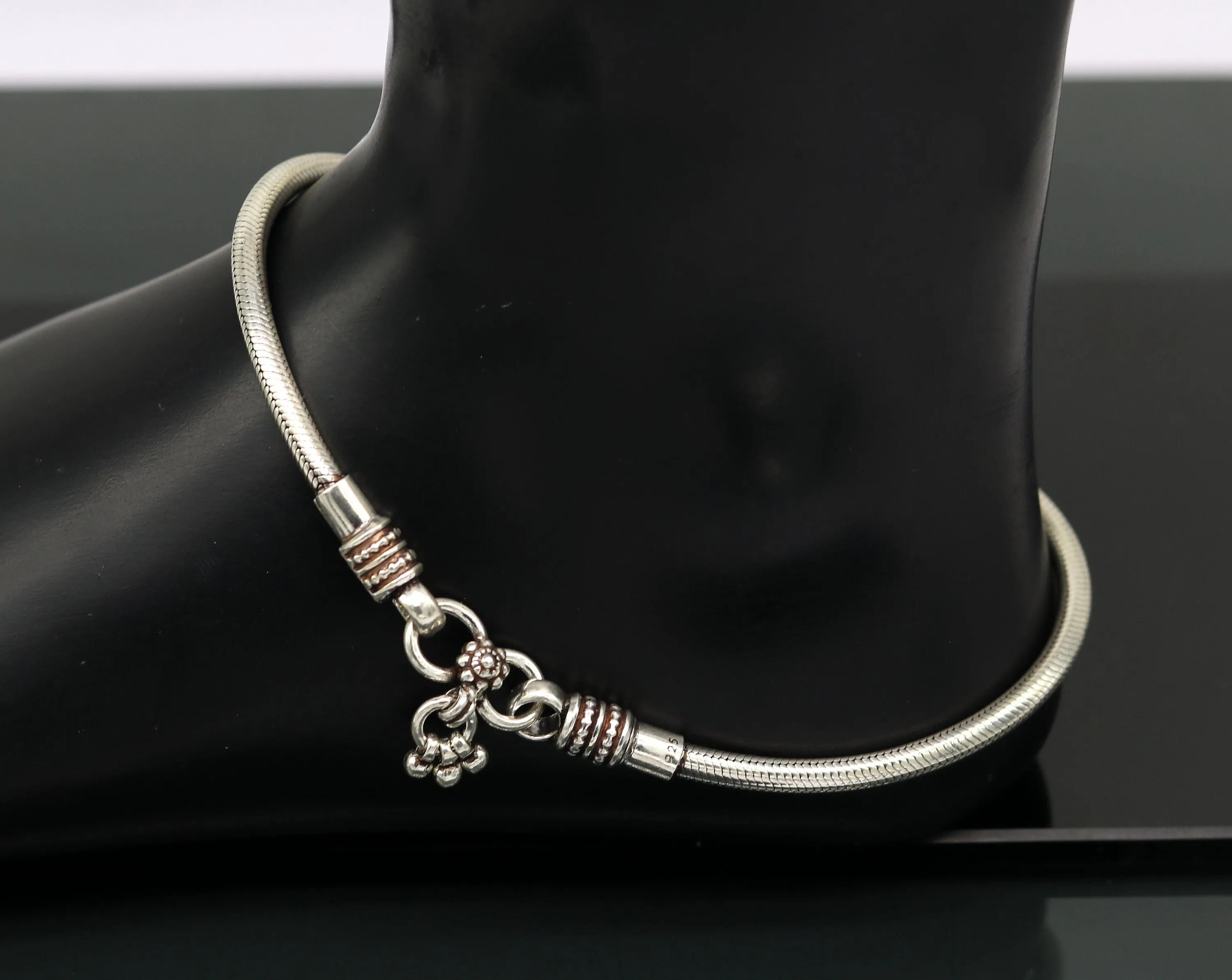 925 Sterling silver handmade 4 mm snake chain ankle bracelet, vintage oxidized charm anklets, tribal belly dance customized jewelry nank250