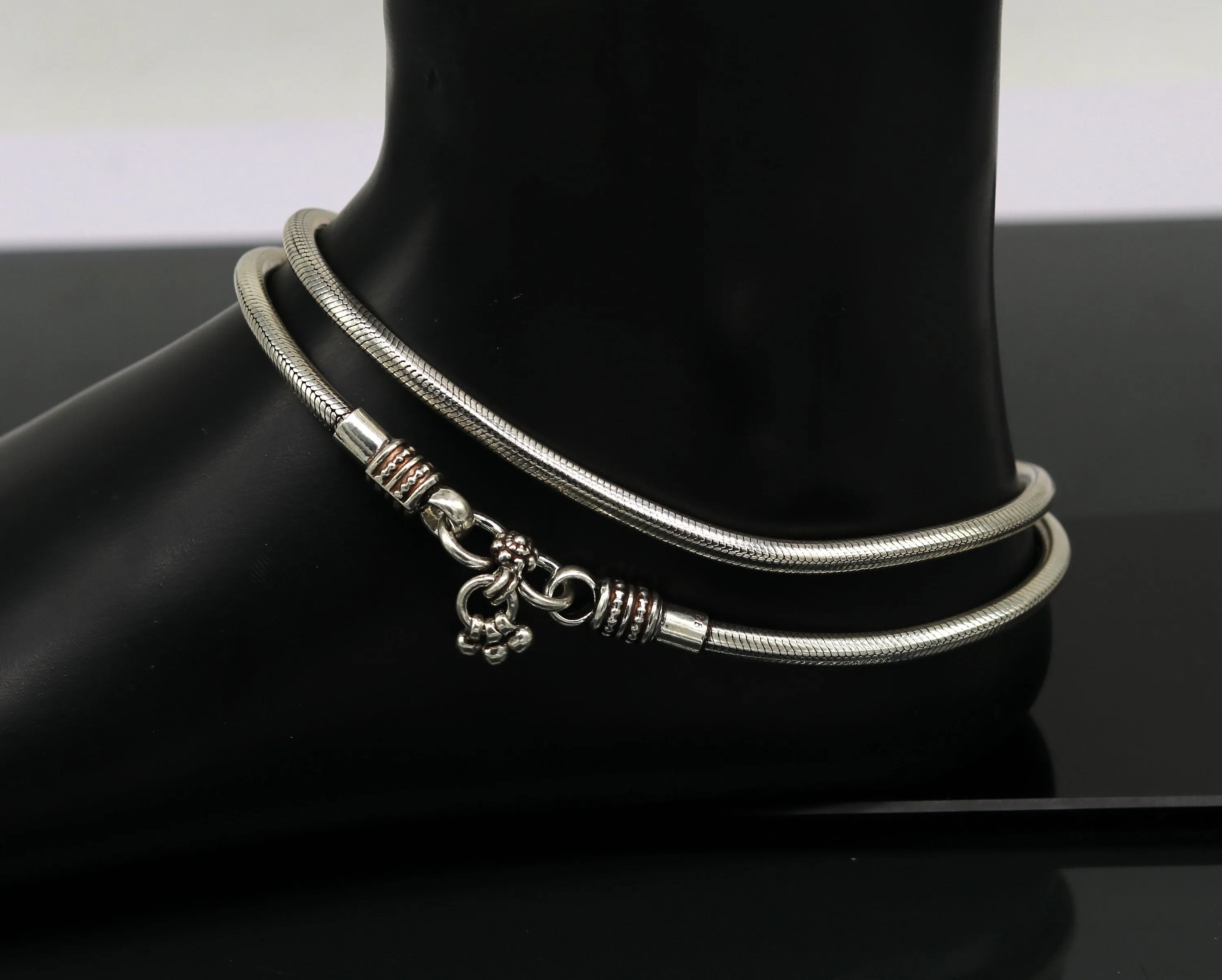 925 Sterling silver handmade 4 mm snake chain ankle bracelet, vintage oxidized charm anklets, tribal belly dance customized jewelry nank250