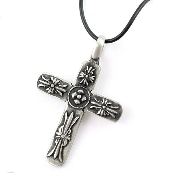 Antique Silver Petwer Cross Pendant Leatherette Necklace