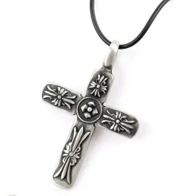 Antique Silver Petwer Cross Pendant Leatherette Necklace
