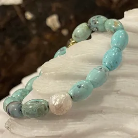 AQUA Dragon Skin Agate Stretchy BAROQUE PEARL Bracelet