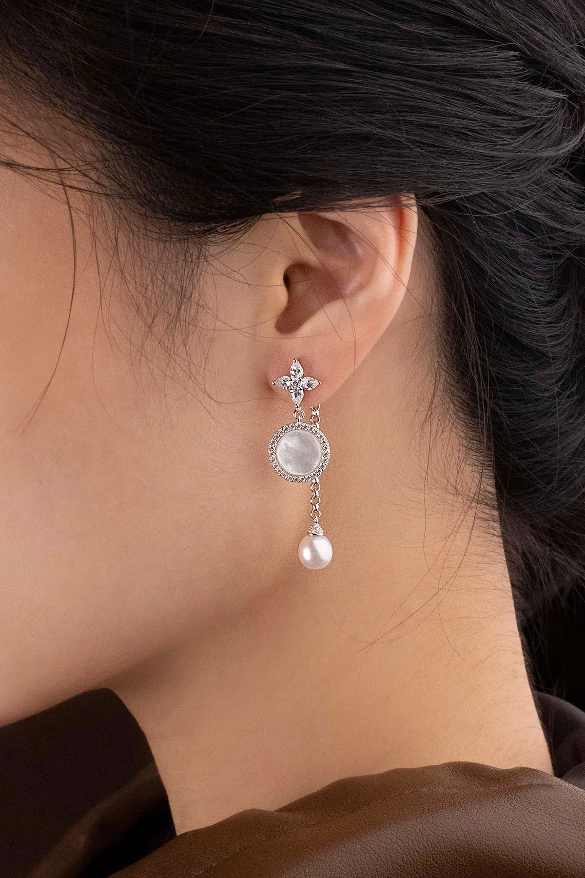 Asymmetric White Nacre and Pearl Drop Earrings