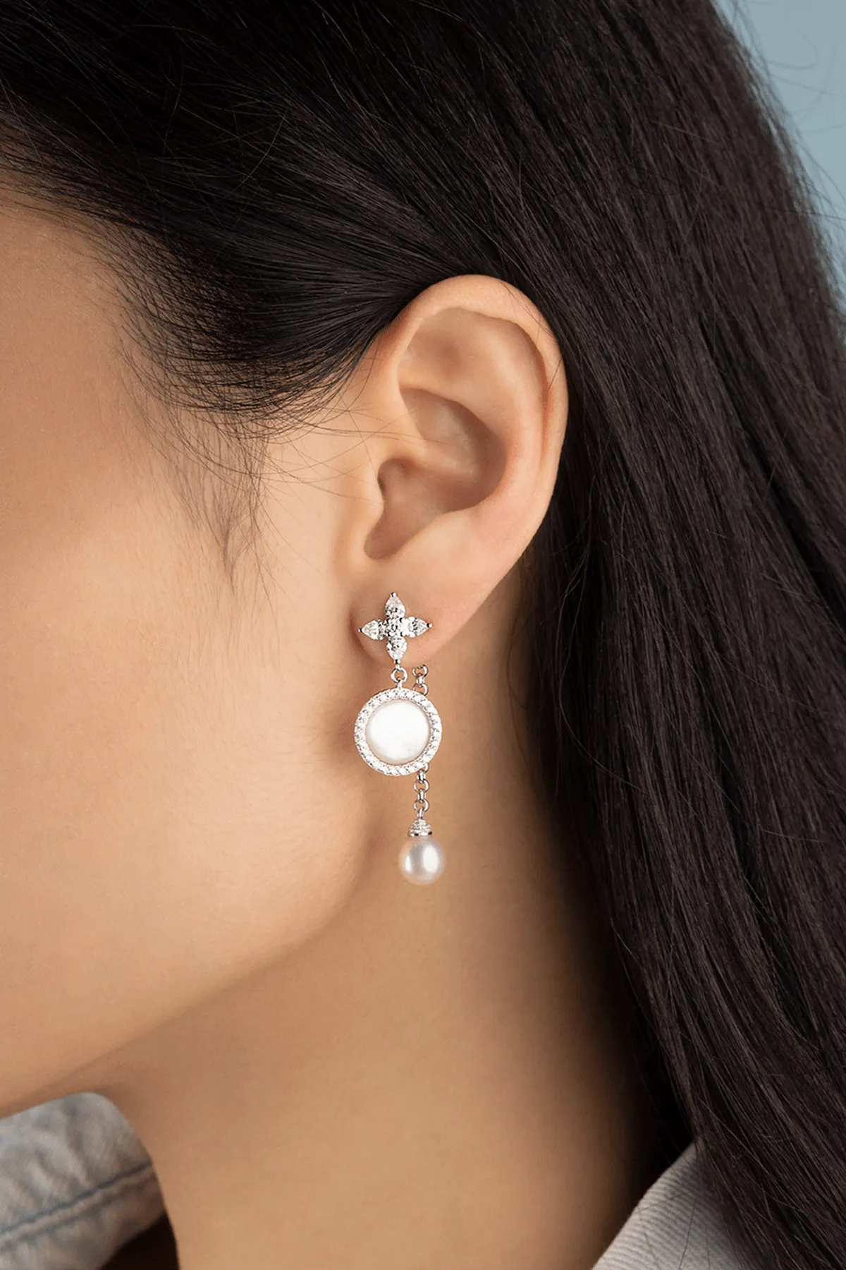 Asymmetric White Nacre and Pearl Drop Earrings