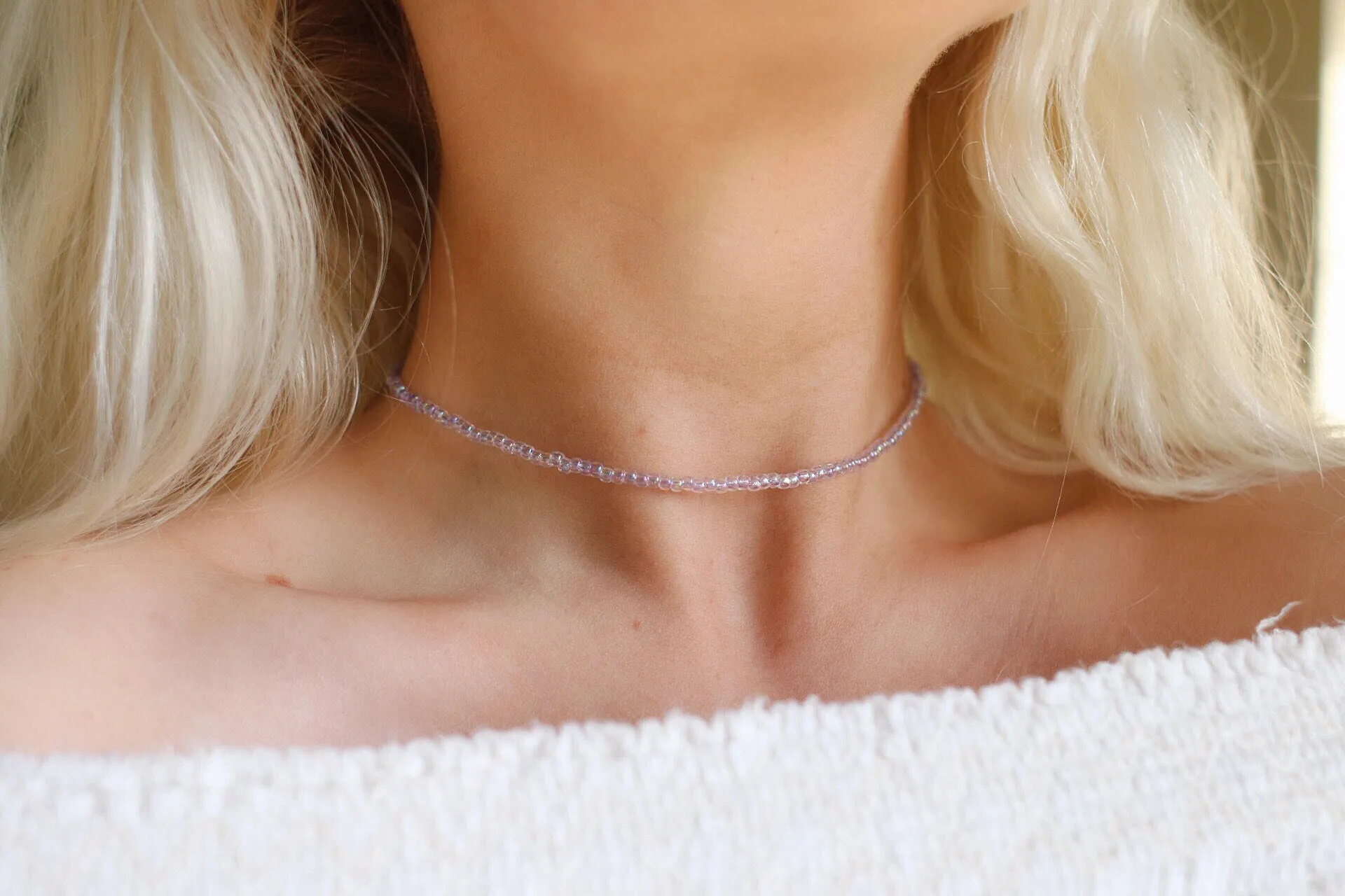 Beach Babe Lilac Iridescent Lilac Glass Beaded Choker Necklace / Beach Jewelry / Summer