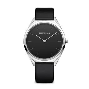 Bering Stainless Steel Watch with Black Leather Strap