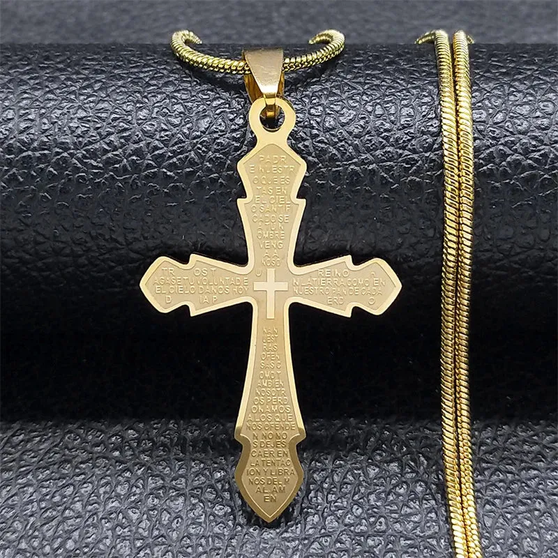 Bible Lords Prayer Cross Necklace for Women Men Stainless Steel Gold Color Spanish Christian Necklaces