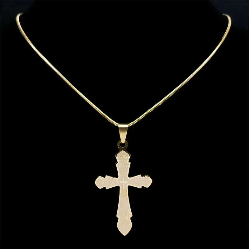 Bible Lords Prayer Cross Necklace for Women Men Stainless Steel Gold Color Spanish Christian Necklaces