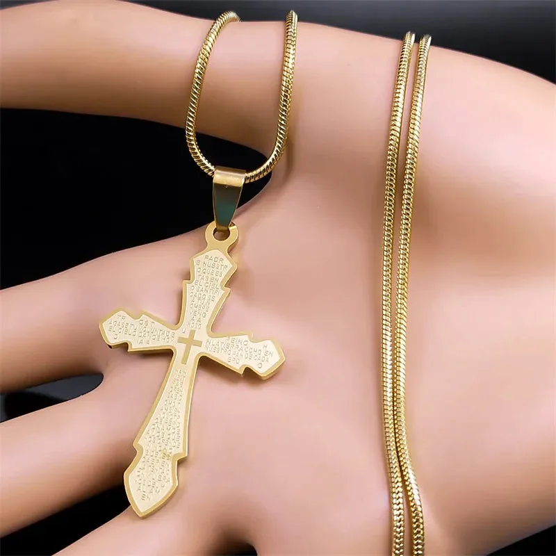 Bible Lords Prayer Cross Necklace for Women Men Stainless Steel Gold Color Spanish Christian Necklaces