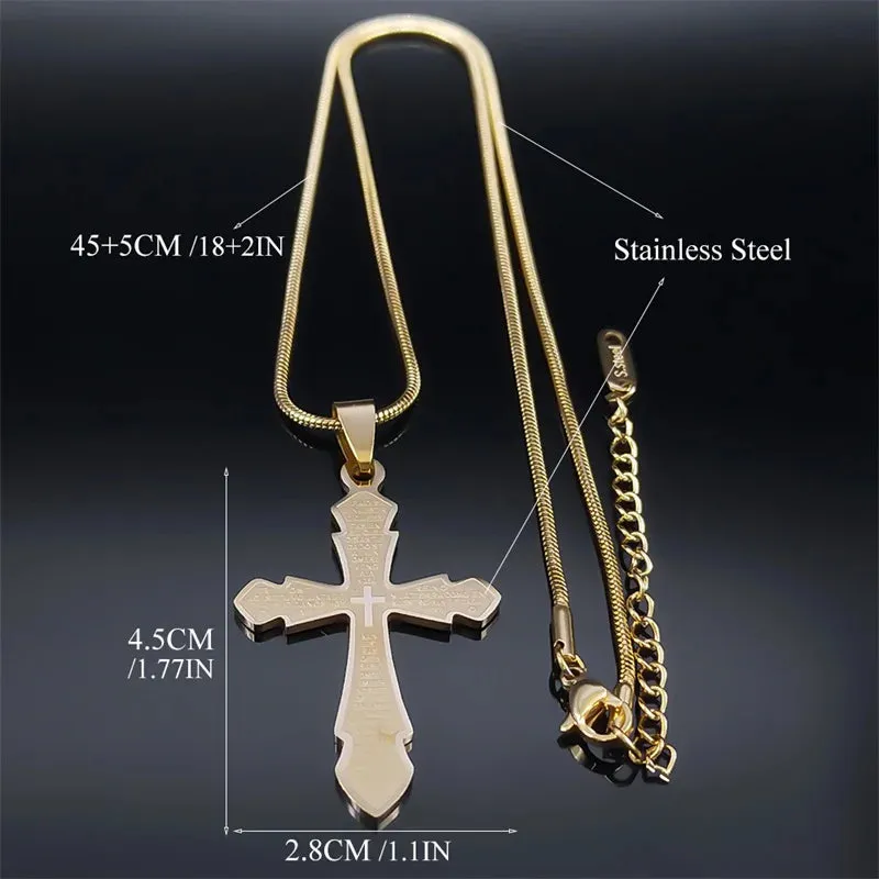 Bible Lords Prayer Cross Necklace for Women Men Stainless Steel Gold Color Spanish Christian Necklaces