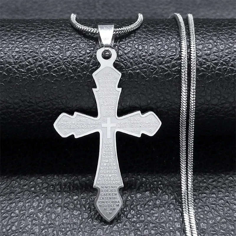 Bible Lords Prayer Cross Necklace for Women Men Stainless Steel Gold Color Spanish Christian Necklaces