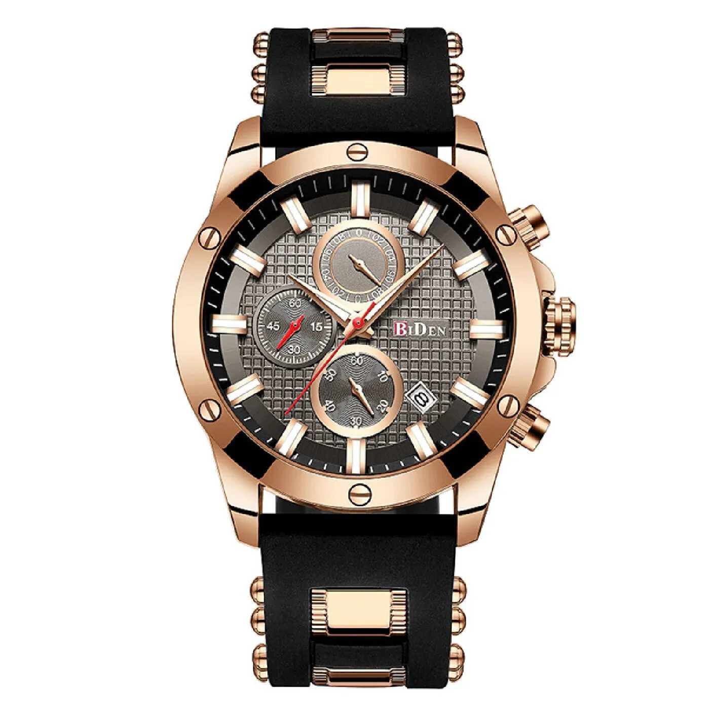 Biden Original Mens Fashion Casual Sport Japan Quartz Wristwatch Chronograph Stop Watch Calendar Luminous Hand Silicone Strap