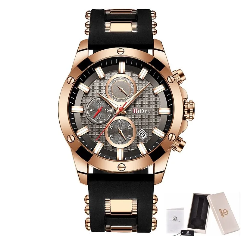 Biden Original Mens Fashion Casual Sport Japan Quartz Wristwatch Chronograph Stop Watch Calendar Luminous Hand Silicone Strap