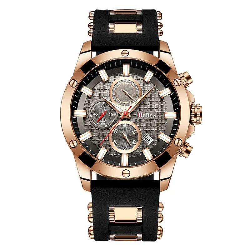 Biden Original Mens Fashion Casual Sport Japan Quartz Wristwatch Chronograph Stop Watch Calendar Luminous Hand Silicone Strap