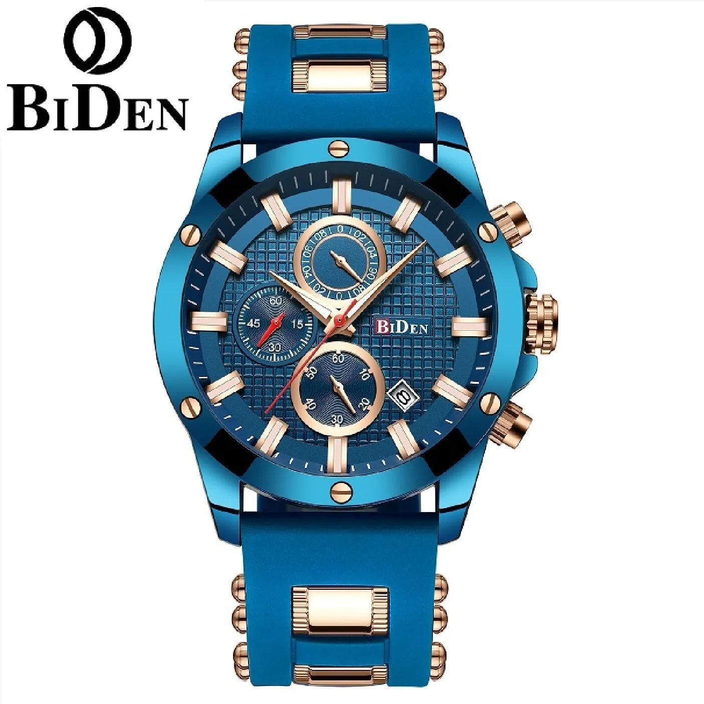 Biden Original Mens Fashion Casual Sport Japan Quartz Wristwatch Chronograph Stop Watch Calendar Luminous Hand Silicone Strap
