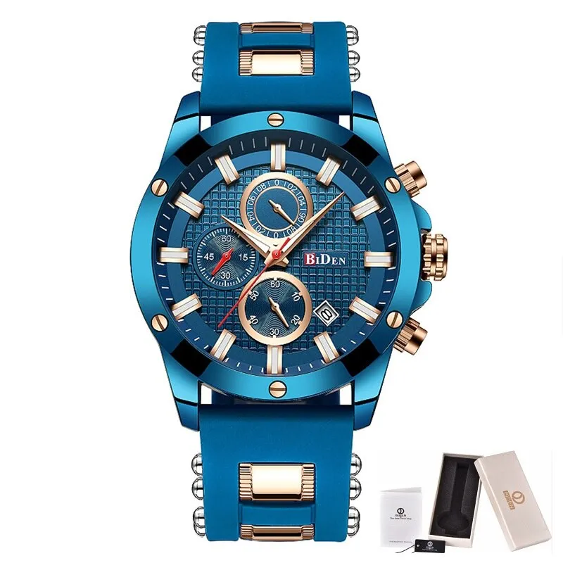 Biden Original Mens Fashion Casual Sport Japan Quartz Wristwatch Chronograph Stop Watch Calendar Luminous Hand Silicone Strap