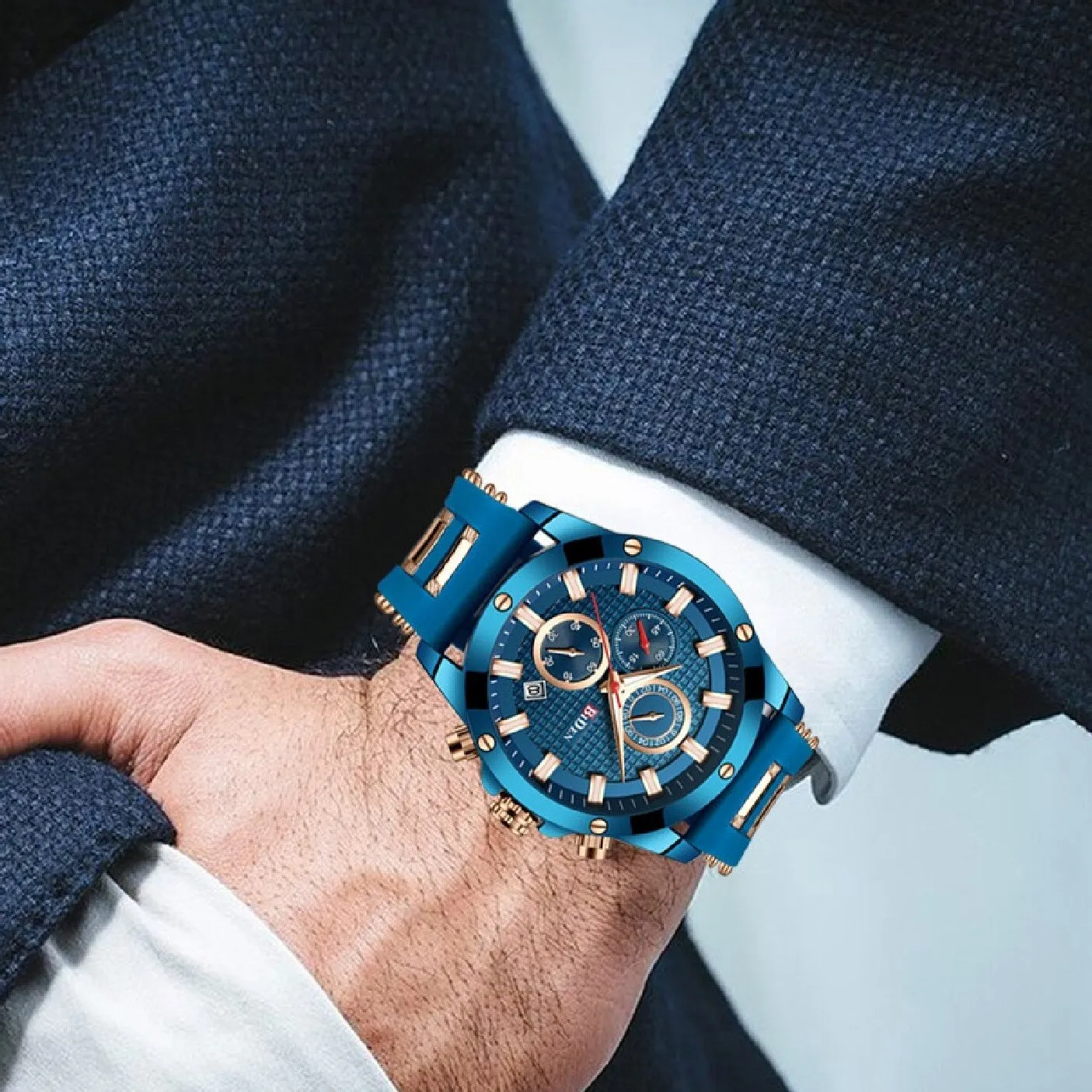 Biden Original Mens Fashion Casual Sport Japan Quartz Wristwatch Chronograph Stop Watch Calendar Luminous Hand Silicone Strap