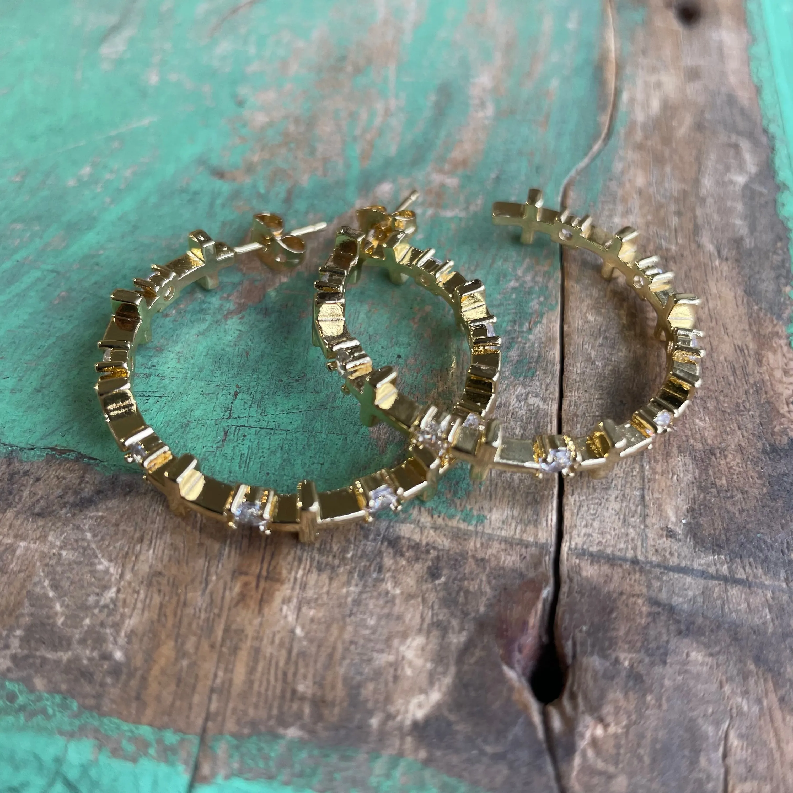 Big Hoop Cross CZ Gold Plated Earrings